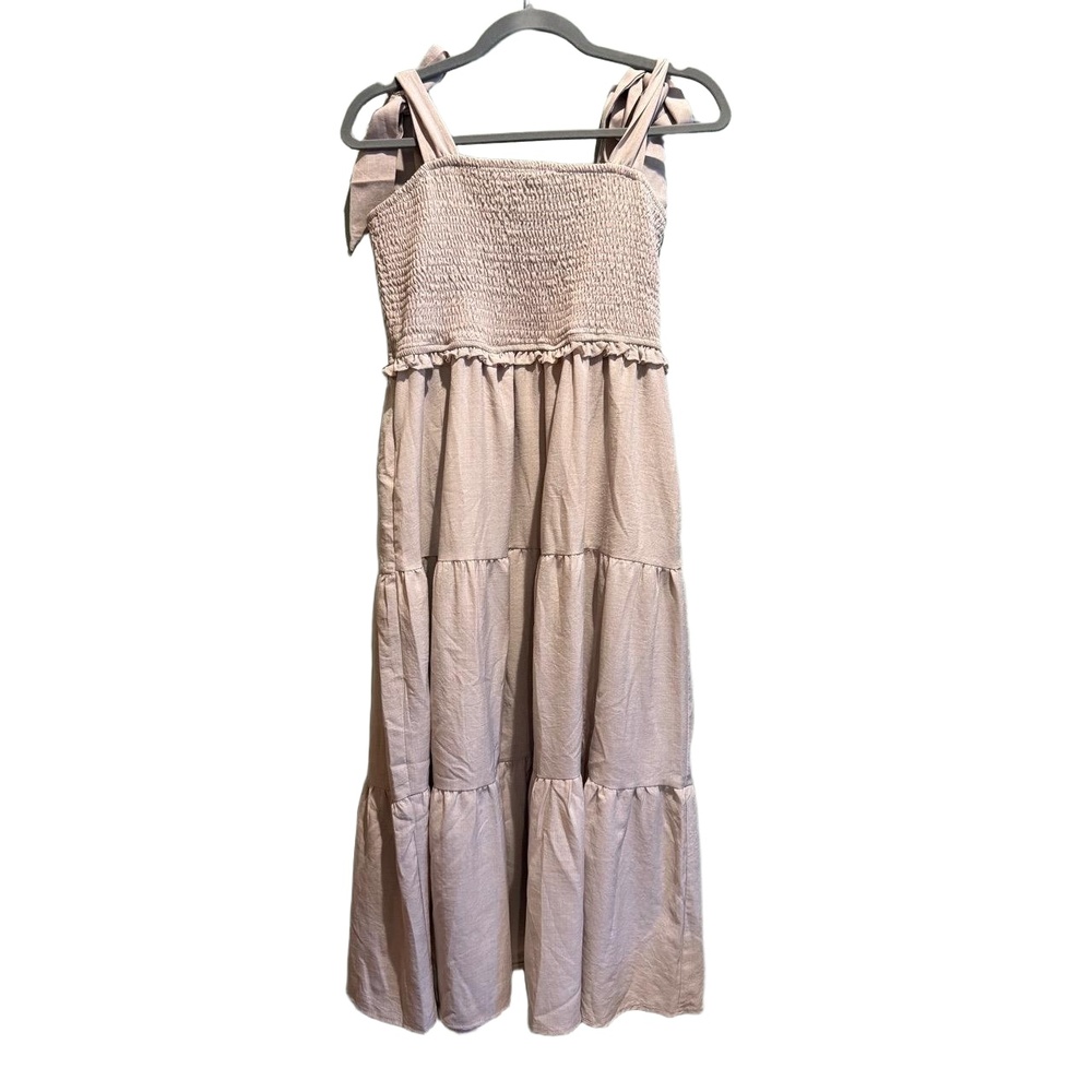 Listicle Tan Dress Women’s Size Large Sleeveless‎ Tiered Pockets Romantic